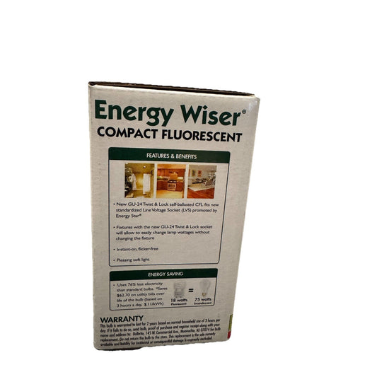 Energy Wiser compact fluorescent bulb packaging for 18W GU24 base warm white 2700K 1200 lumens, 75W equivalent bulb pack of 4