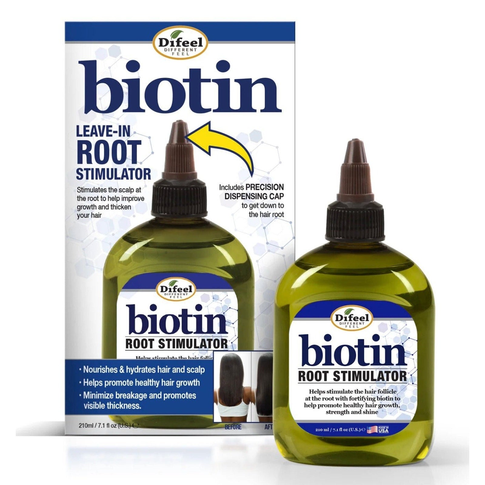 Two greenish-yellow bottles of biotin root stimulator with brown precision dispensing caps, shown alongside packaging highlighting hair growth, scalp hydration, and thickness benefits.