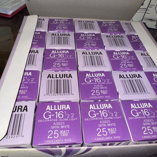 Boxed set of 25 ALLURA G16 25 Watt satin white decorative globe light bulbs with candelabra base
