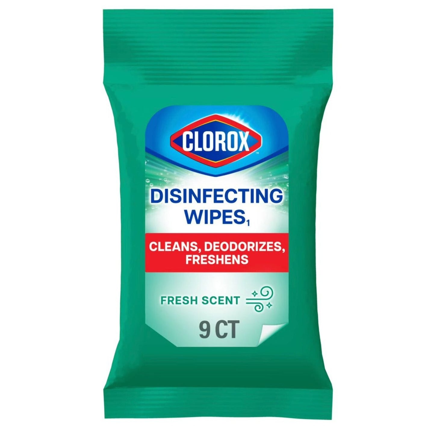 Green packet of Clorox disinfecting wipes, labeled to clean, deodorize, and freshen with fresh scent, containing 9 individual wipes.