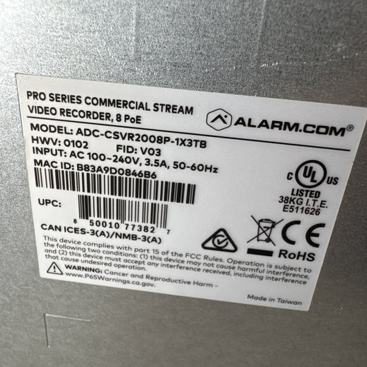 Alarm.com 8CH Commercial Streaming Video Recorder model ADC-CSVR2008P-1X3TB product label with technical specifications and certifications