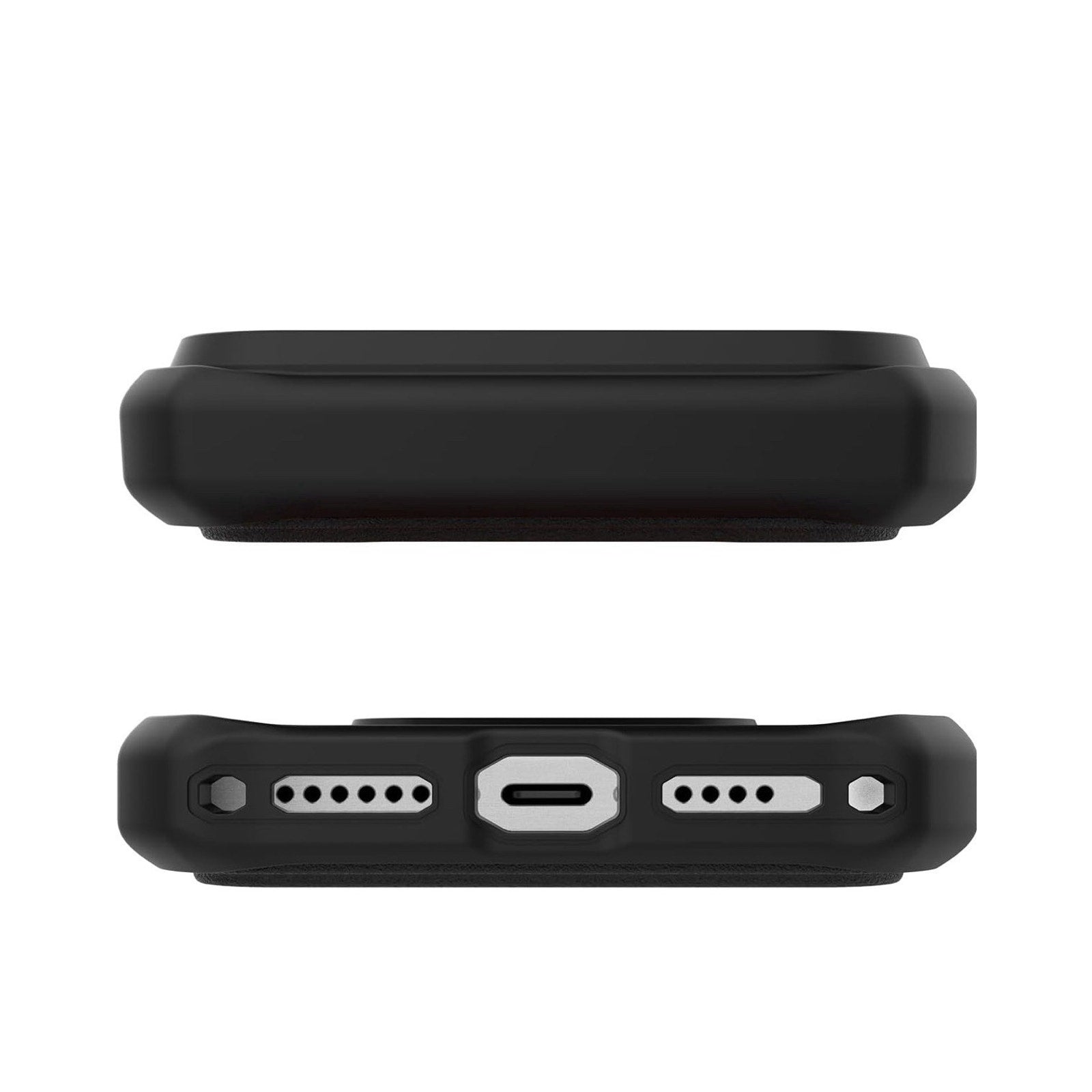 Black ITSKINS Hybrid R Folio protective phone case showing bottom and top edges for iPhone 17 Pro ports and speakers