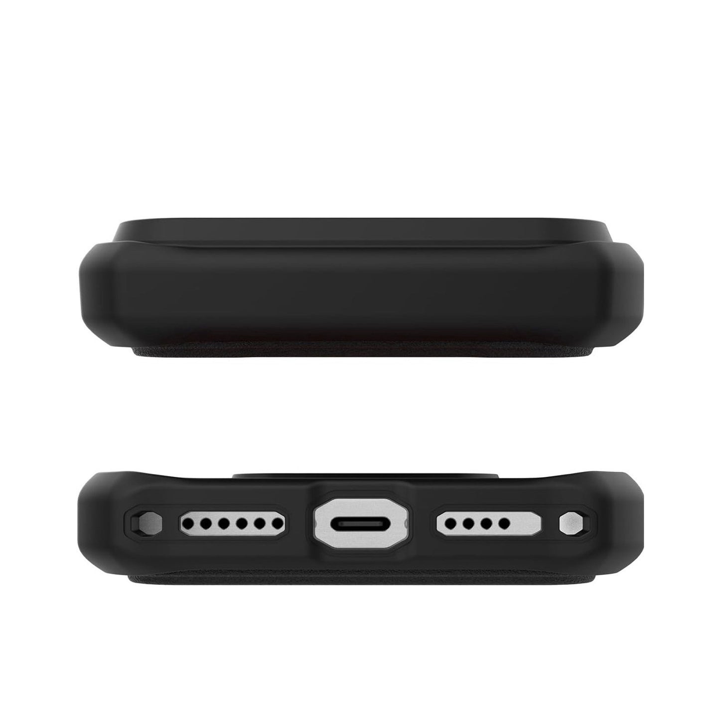Black ITSKINS Hybrid R Folio protective phone case showing bottom and top edges for iPhone 17 Pro ports and speakers