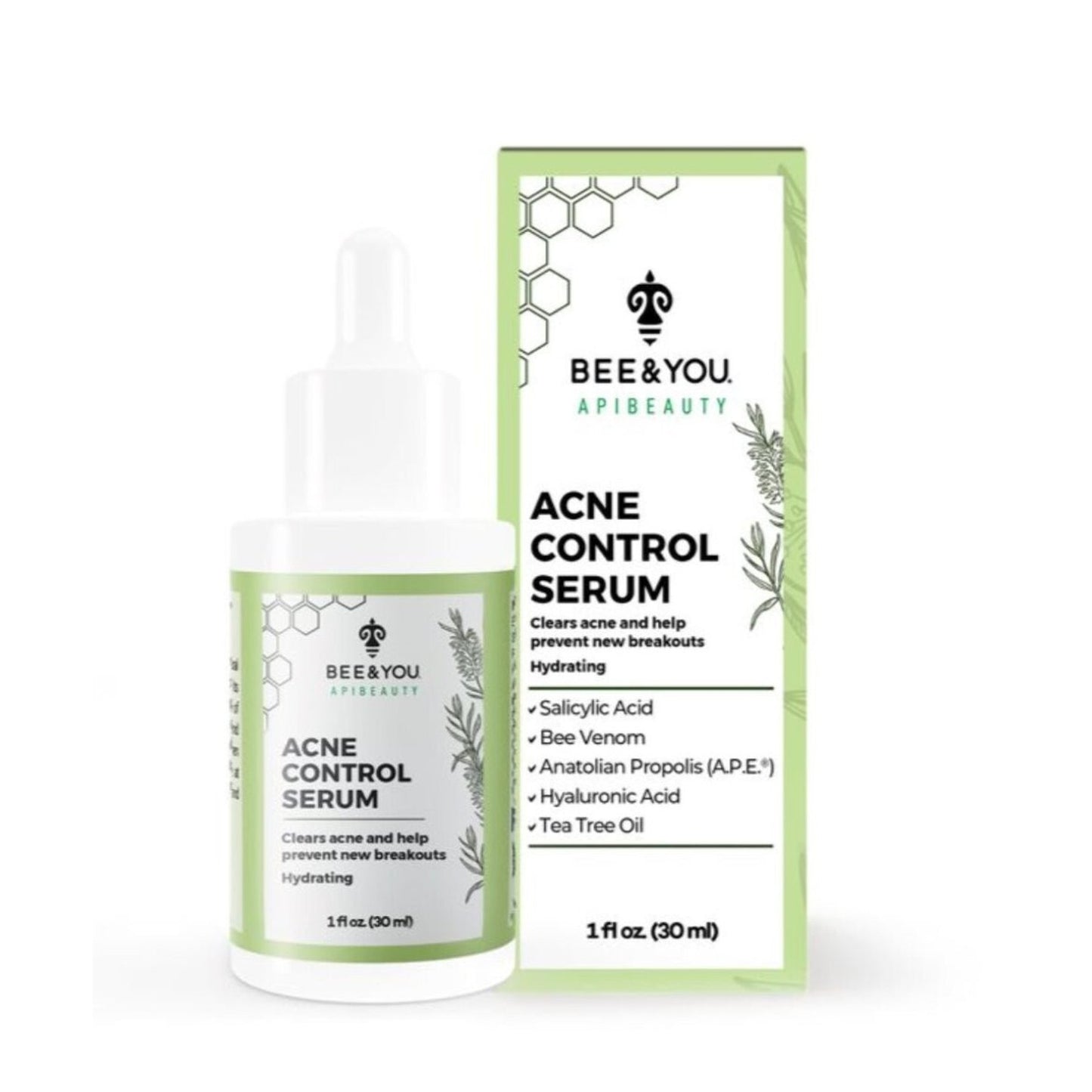 White dropper bottle of Bee & You Apibeauty Acne Control Serum with green label and matching box highlighting salicylic acid, bee venom, hyaluronic acid, and tea tree oil for hydrating acne care.