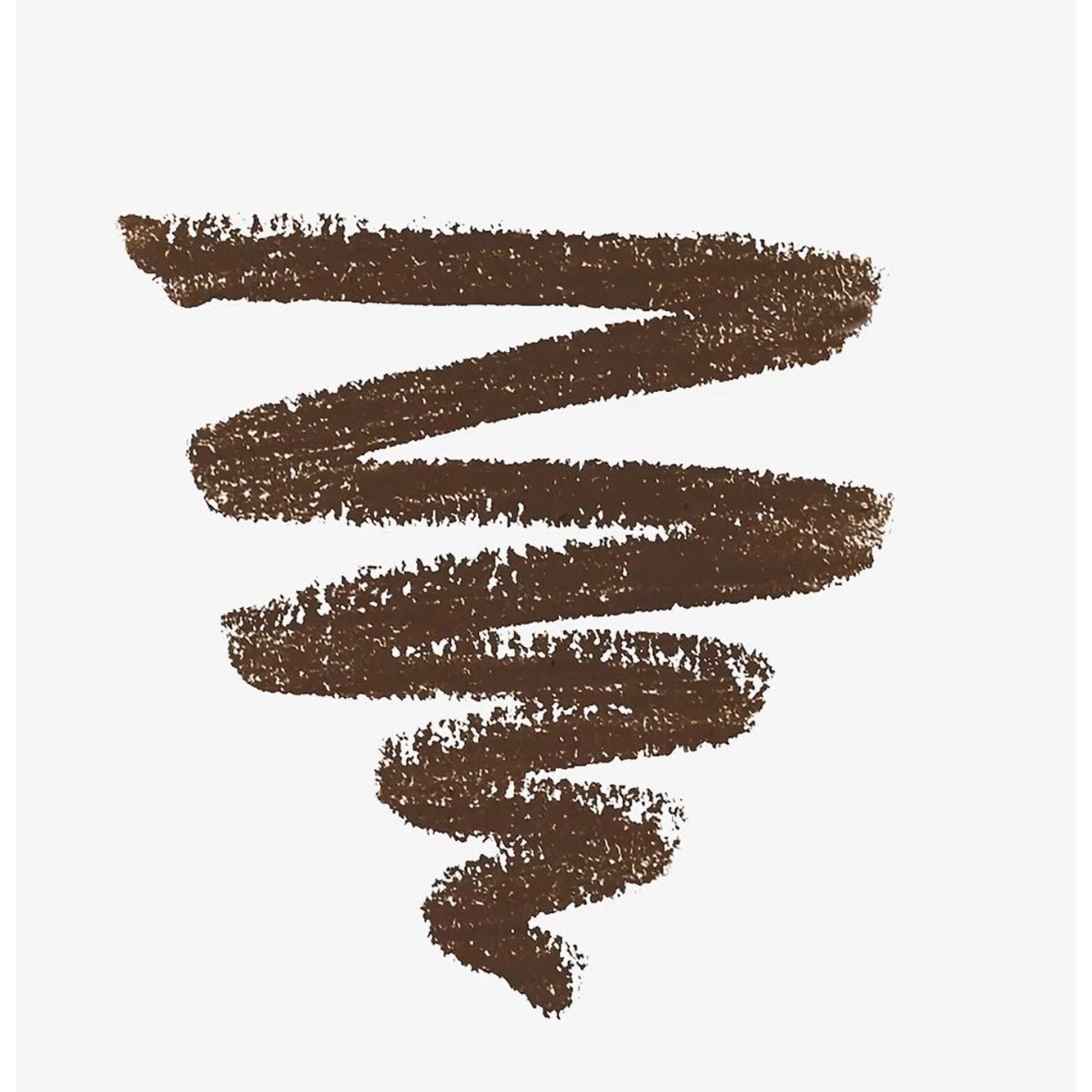 Thick textured zigzag swatch of warm medium brown makeup pencil showing color richness and creamy application on a light gray background.