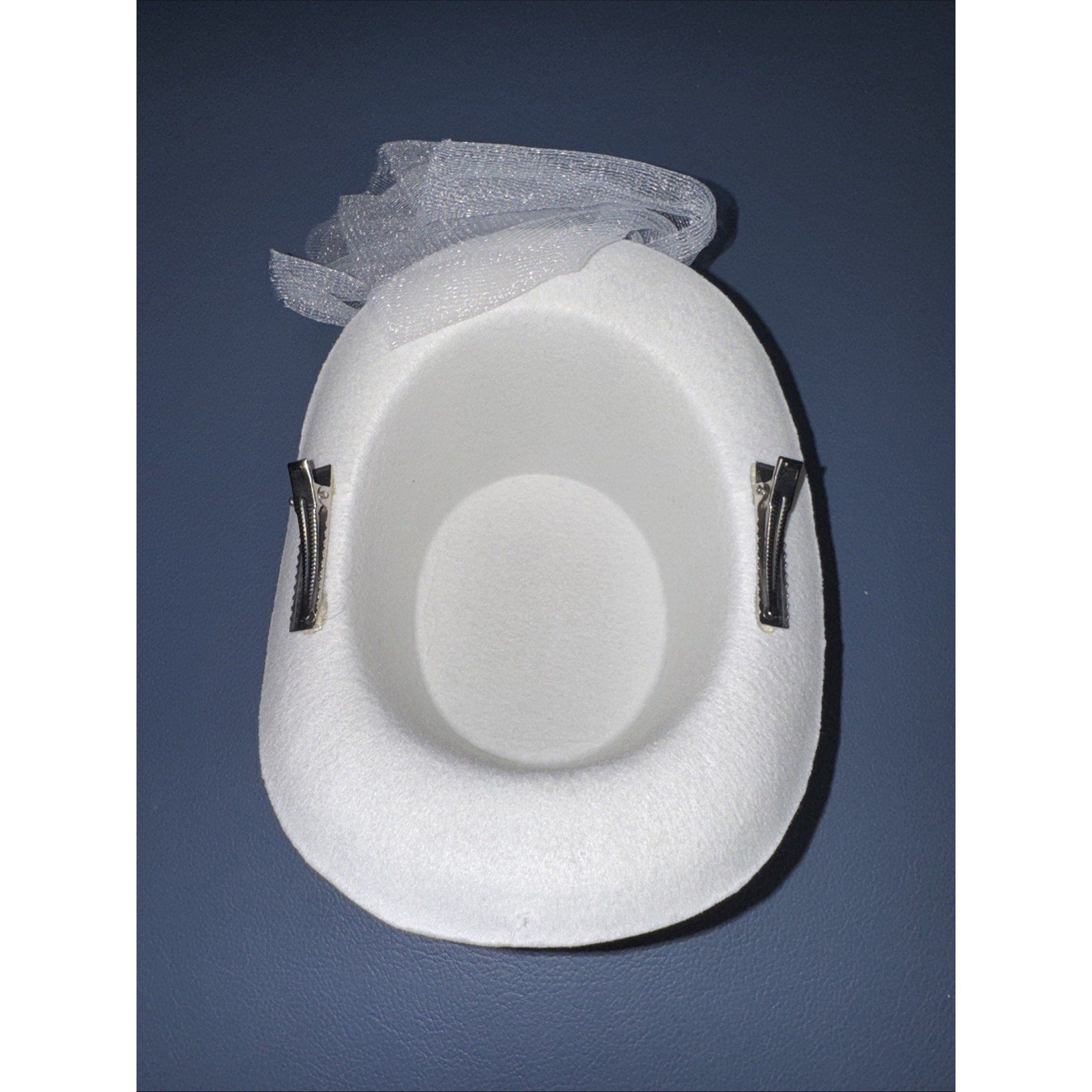 White bride mini top hat fascinator with clip-on pearls and tulle bow for bachelorette or wedding accessory