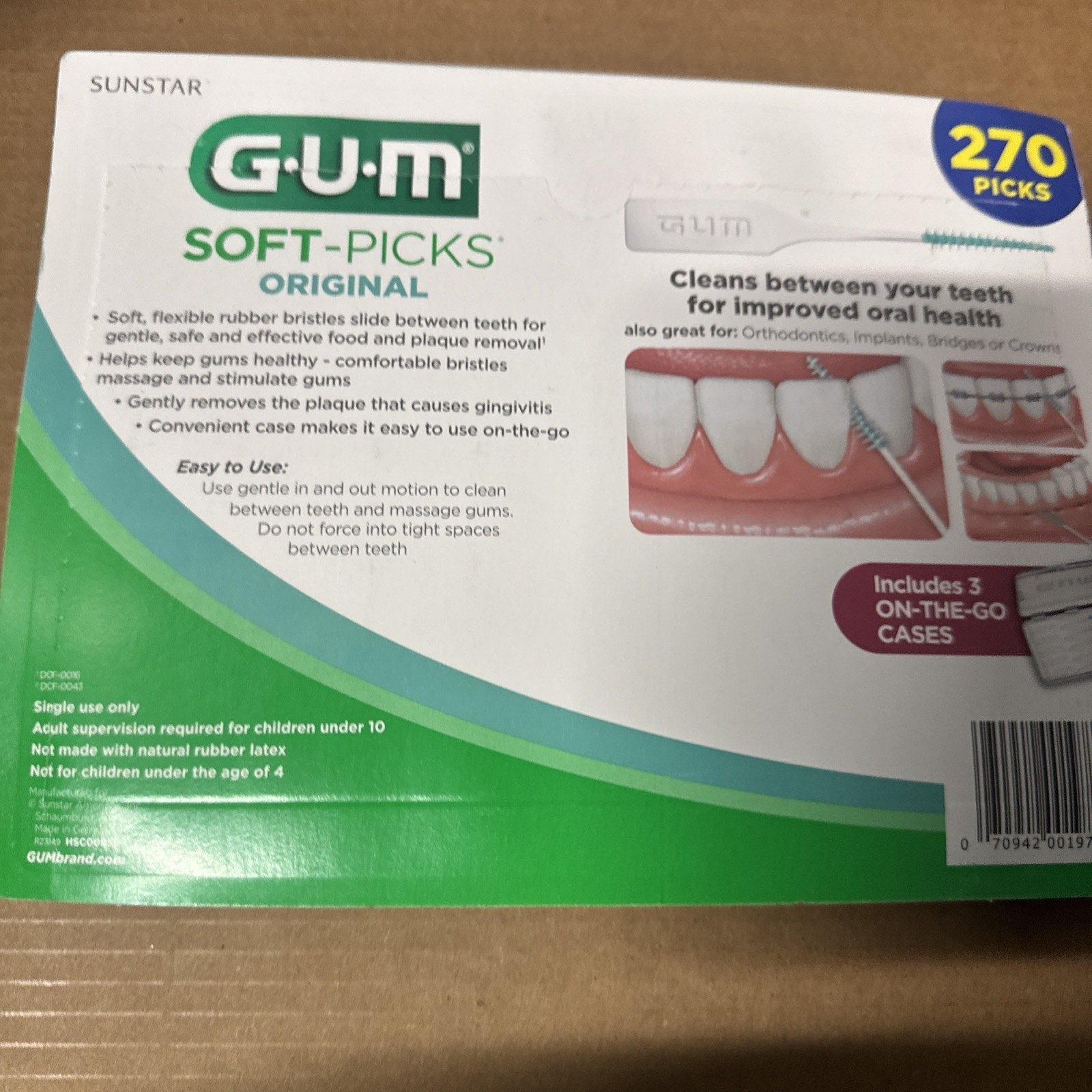 Sunstar GUM Soft-Picks Original dental picks package with 270 flexible rubber bristle picks for teeth cleaning