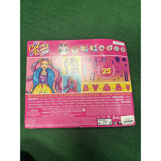 Barbie Color Reveal Glitter Hair Swaps Doll packaging with 25 surprises and illustrations of doll accessories and features