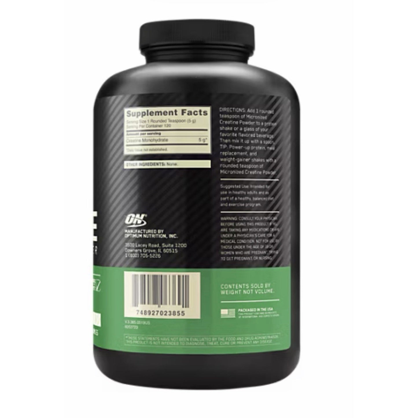 Back of a black supplement container showing supplement facts for creatine monohydrate, directions for use, manufacturer details, barcode, and a green section indicating contents sold by weight, not volume.