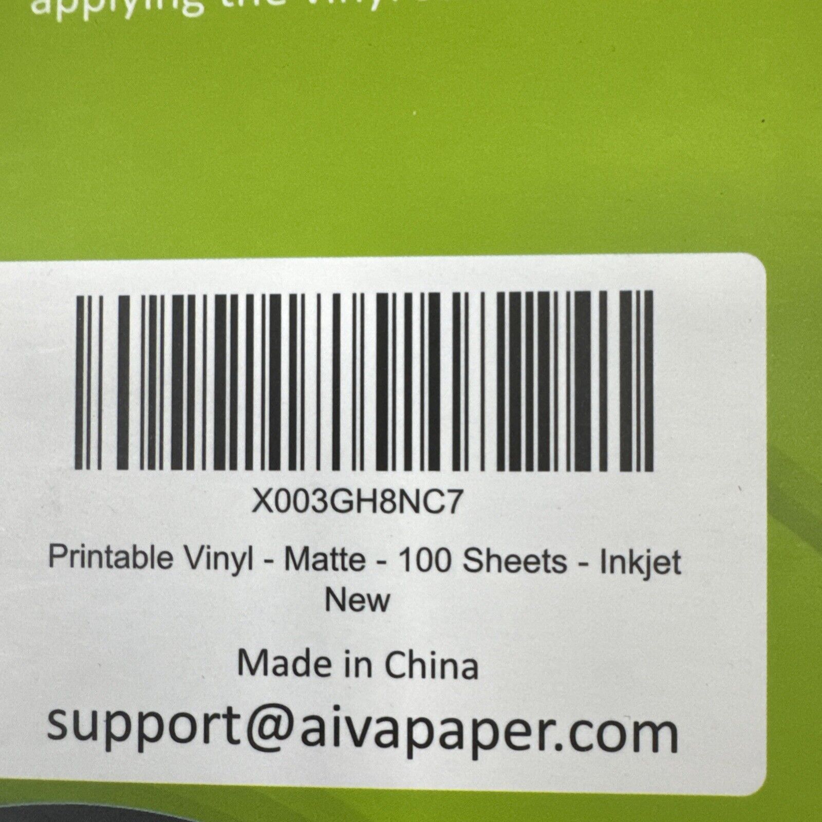 Barcode label on green packaging for printable vinyl matte sticker paper 100 sheets for inkjet printers