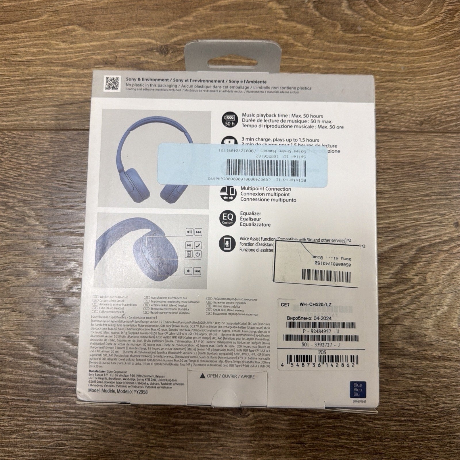 Sony WH-CH520 Wireless On-Ear Bluetooth Headphones with Microphone, Blue — Image 2
