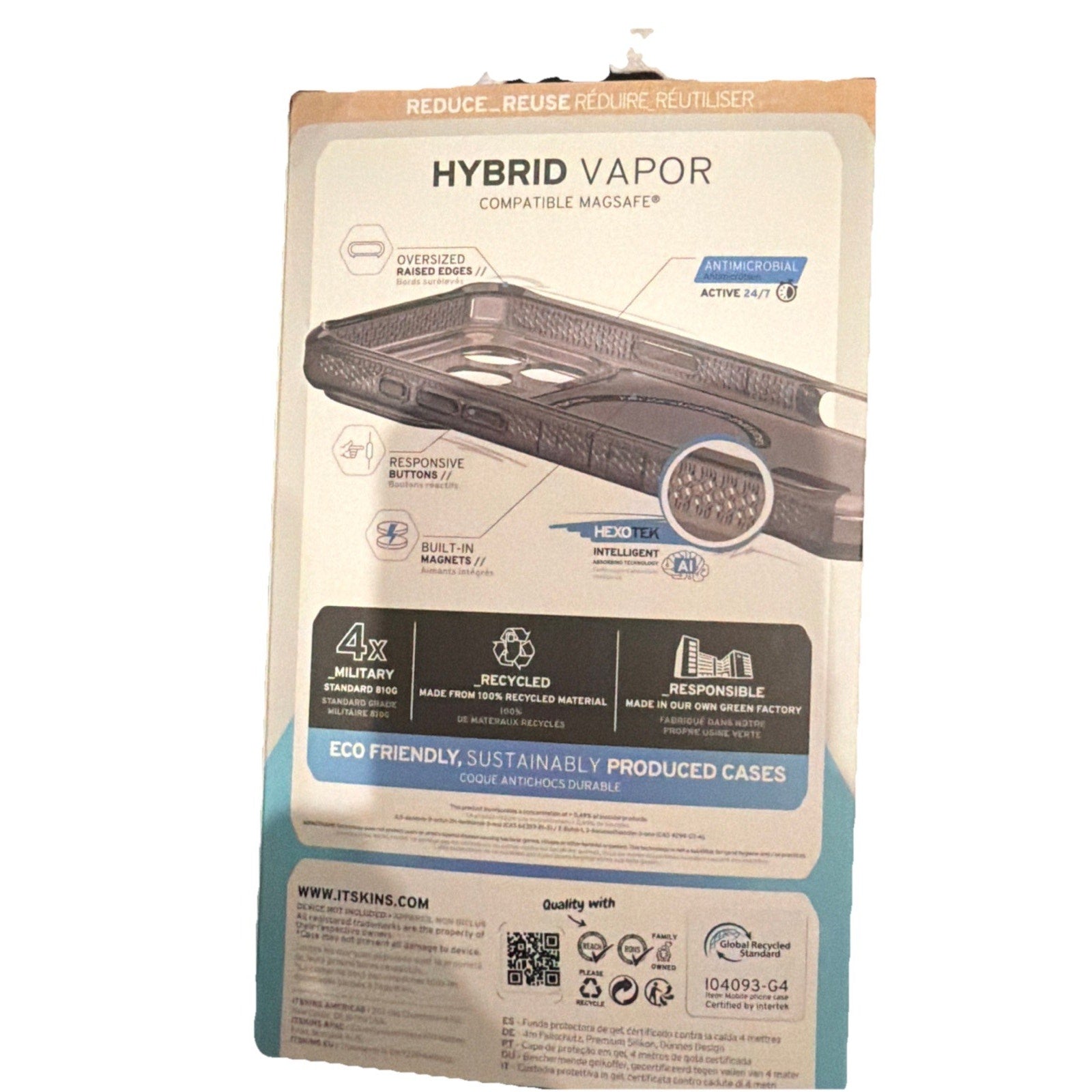 Itskins Hybrid Vapor phone case packaging highlighting military grade drop protection and eco-friendly materials