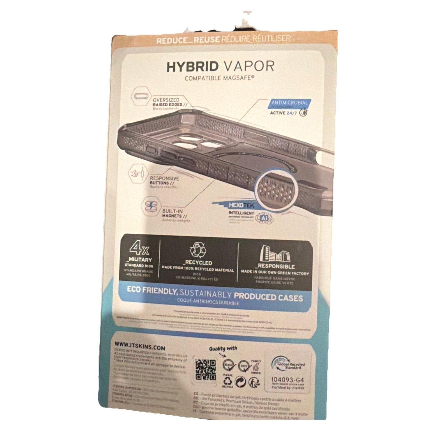 Itskins Hybrid Vapor phone case packaging highlighting military grade drop protection and eco-friendly materials