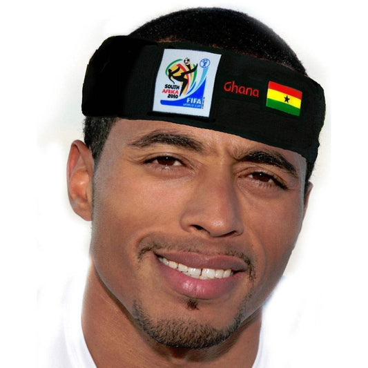 Man wearing a black sports headband featuring the 2010 FIFA World Cup South Africa logo, the word "Ghana," and the Ghanaian flag on a white background.