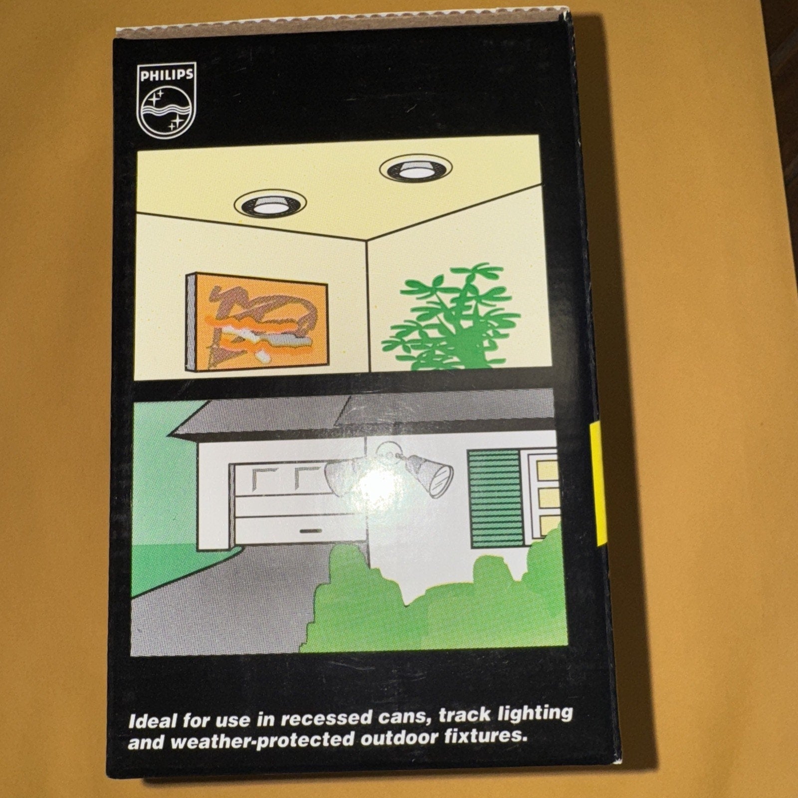 Philips Earth Light 15 watt R30 flood energy saving bulb packaging showing indoor and outdoor lighting use illustrations