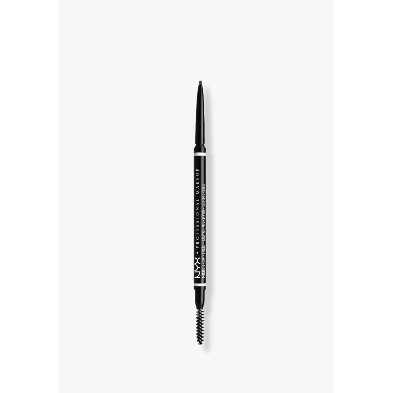 Black retractable eyebrow pencil with fine tip on one end and spoolie brush on the other, featuring white text branding on the sleek cylindrical casing against a white background.