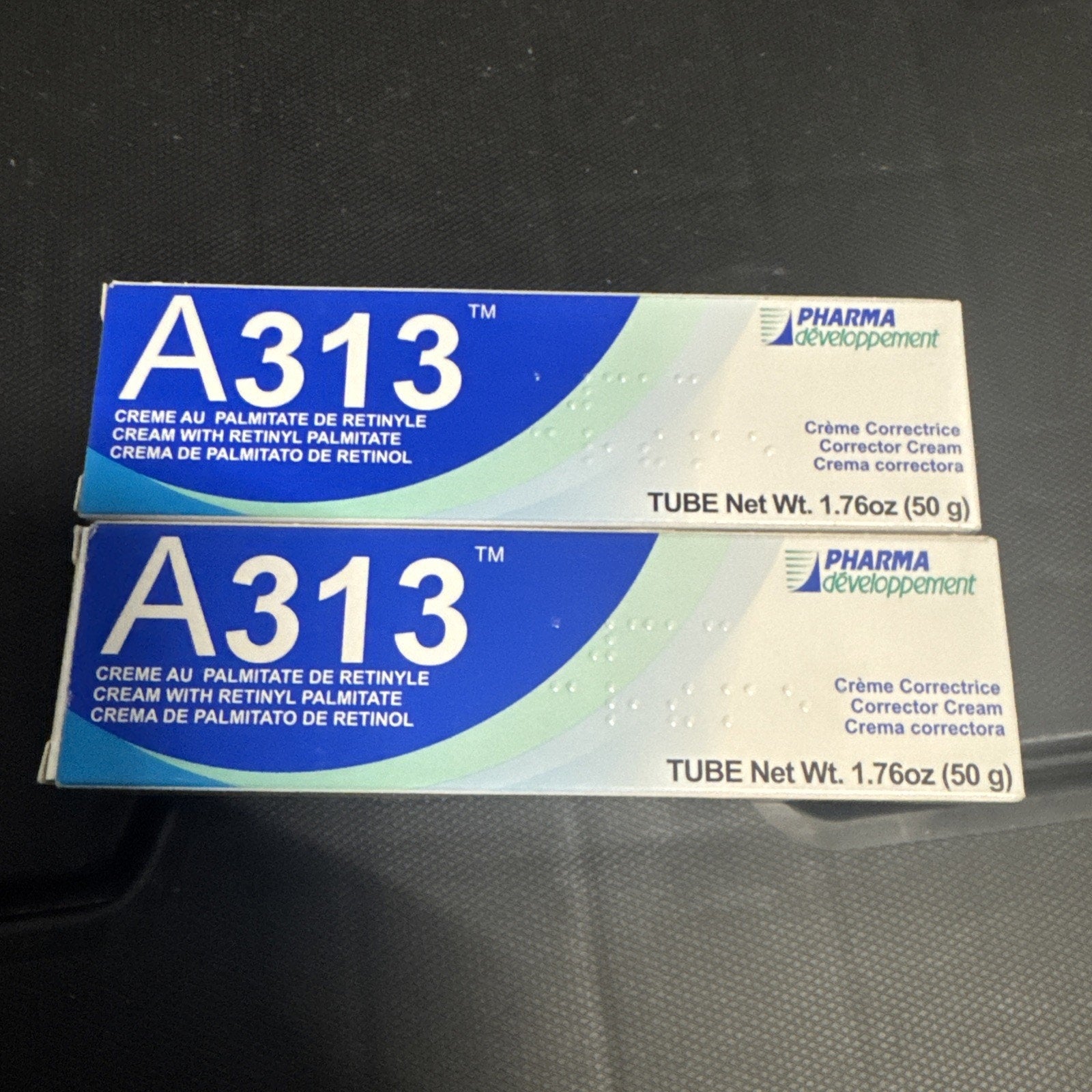 Two tubes of A313 French retinol cream for anti-aging and wrinkle reduction with 50g net weight packaging