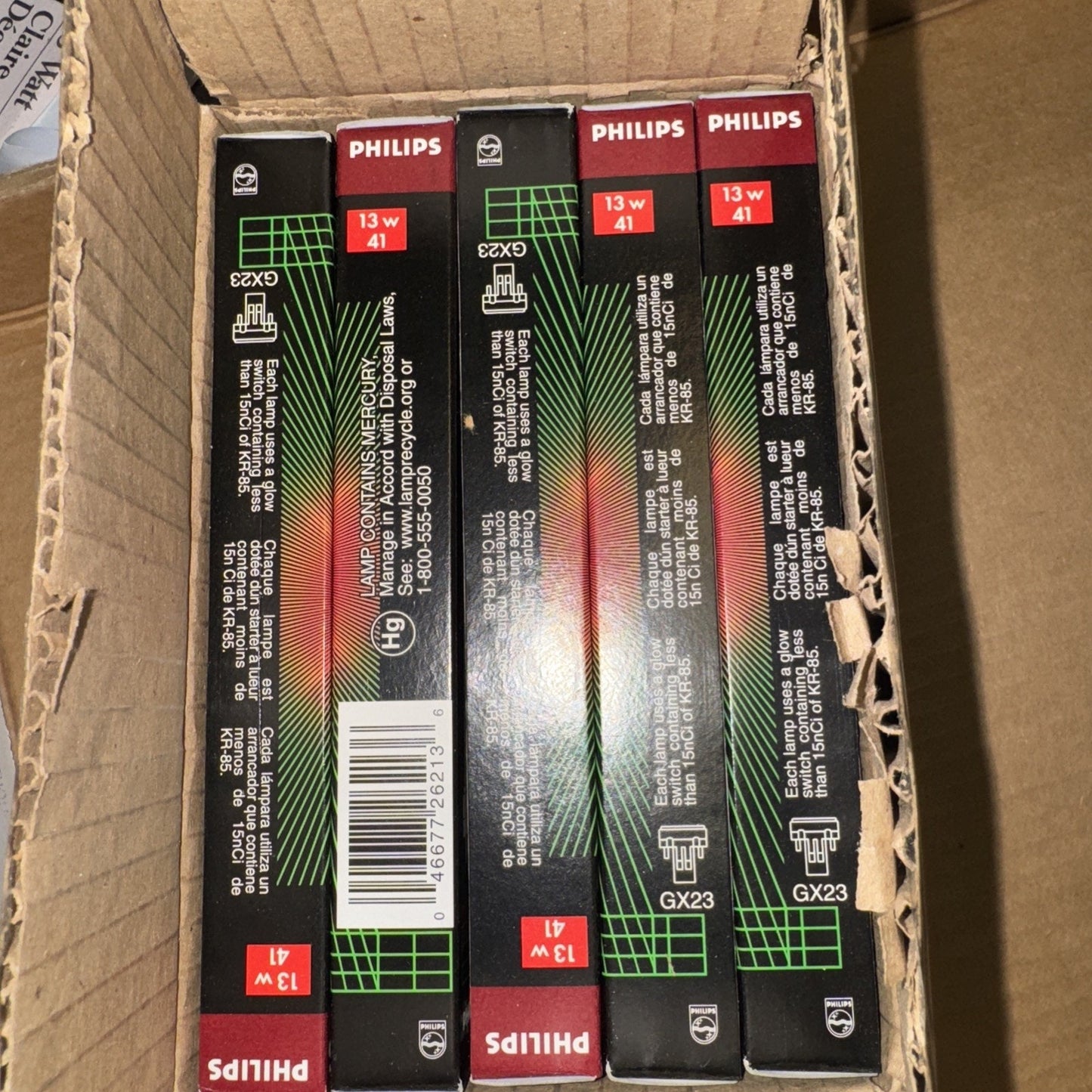 Box of 10 Philips PL-S 13W twin bulb fluorescent tubes with 2 pin GX23 base in retail packaging
