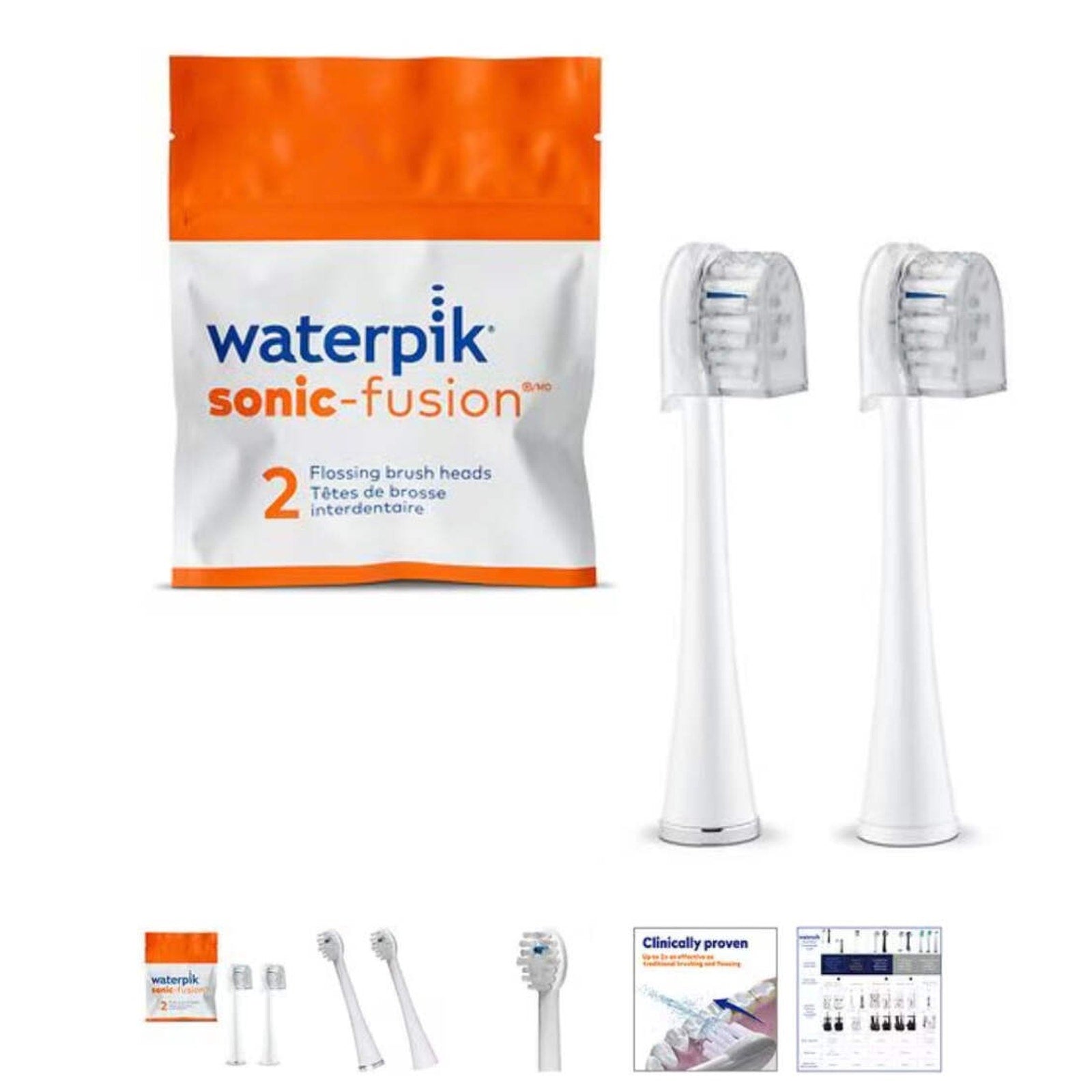 Waterpik Sonic-Fusion replacement flossing brush heads with covers showing two brush heads and packaging bag