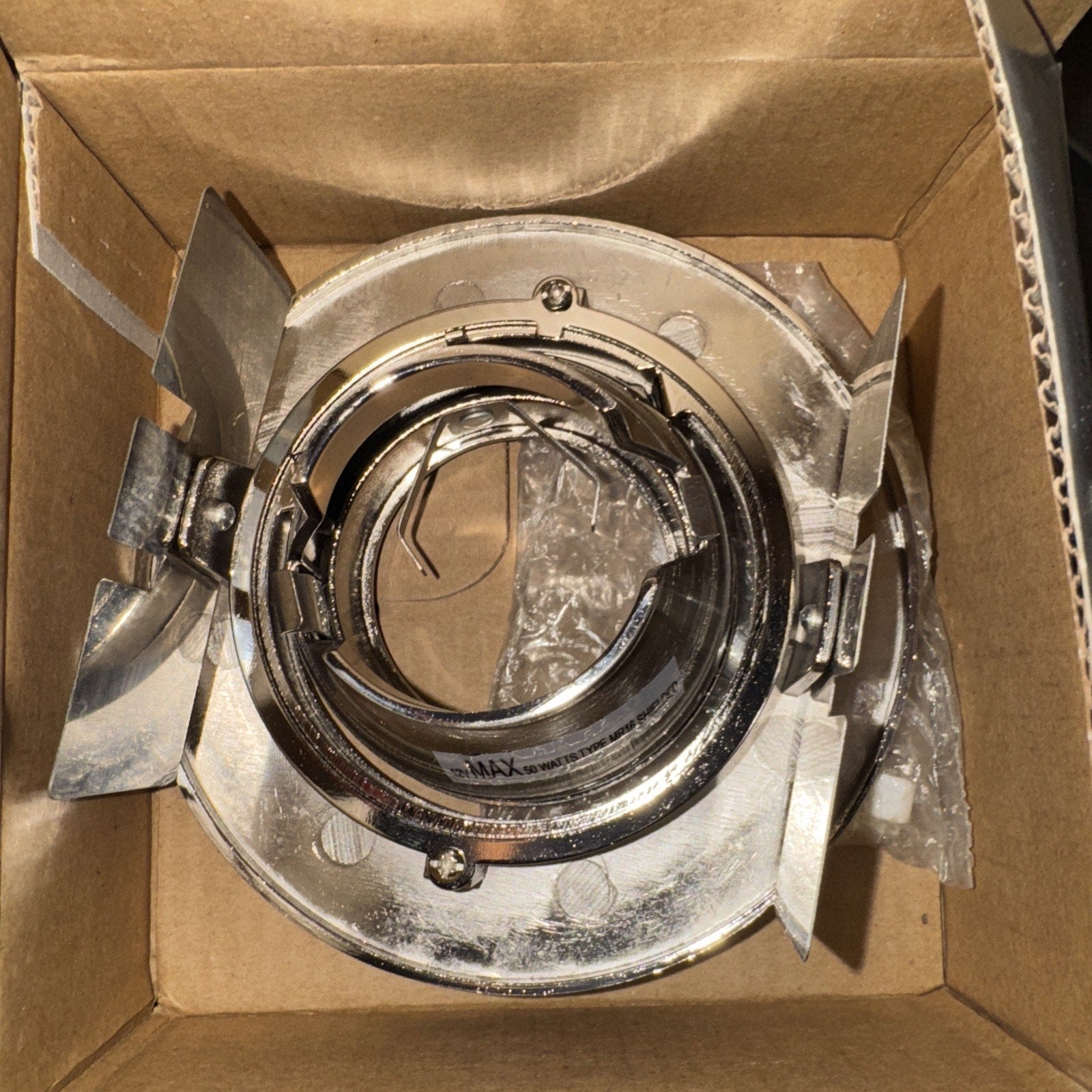 MISHKI M-4100-SN recessed lighting trim in satin nickel with adjustable gimbal spotlight inside cardboard box