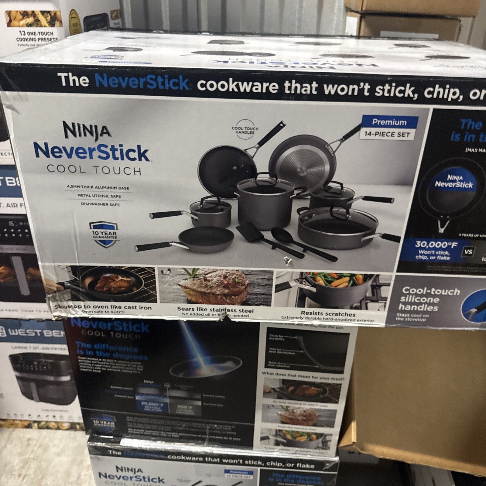 Ninja NeverStick Premium Cool Touch 14-piece cookware set with aluminum base and cool-touch silicone handles in box