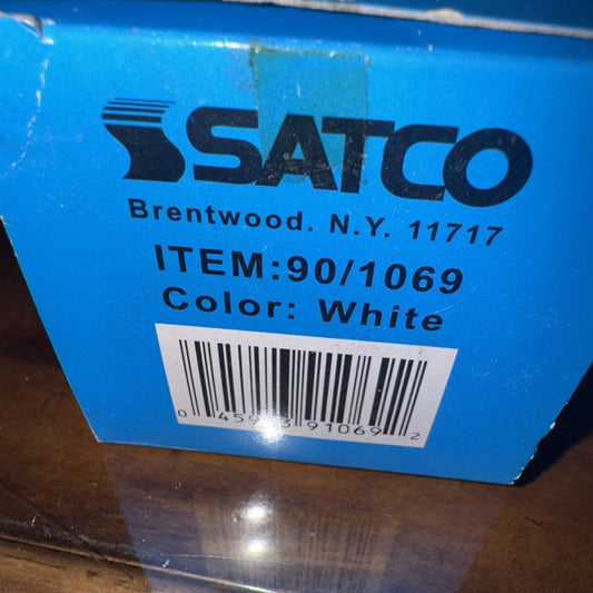 Satco slide lamp dimmer box label showing item number 90/1069 and color white on blue packaging