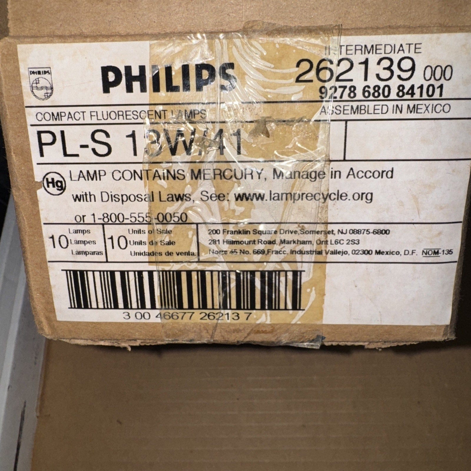 Philips PL-S 13W compact fluorescent twin bulb lamp box with 10 units and GX23 2 pin base label visible