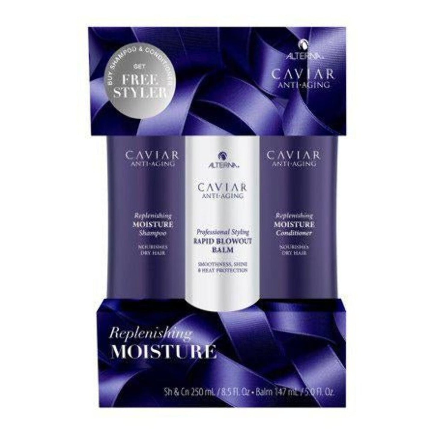 Set of three alternating dark purple hair care bottles labeled Caviar Anti-Aging Replenishing Moisture Shampoo, Conditioner, and a white bottle of Rapid Blowout Balm, packaged with promotional text on a matching purple ribbon background.