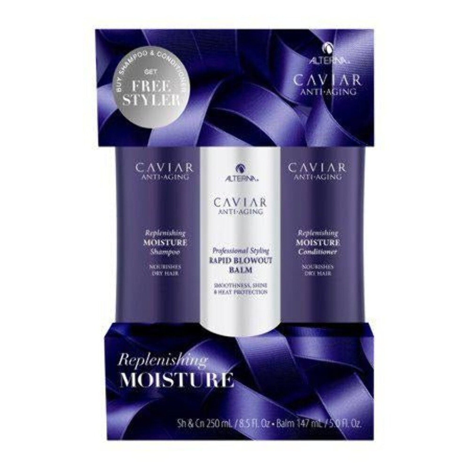 Set of three alternating dark purple hair care bottles labeled Caviar Anti-Aging Replenishing Moisture Shampoo, Conditioner, and a white bottle of Rapid Blowout Balm, packaged with promotional text on a matching purple ribbon background.