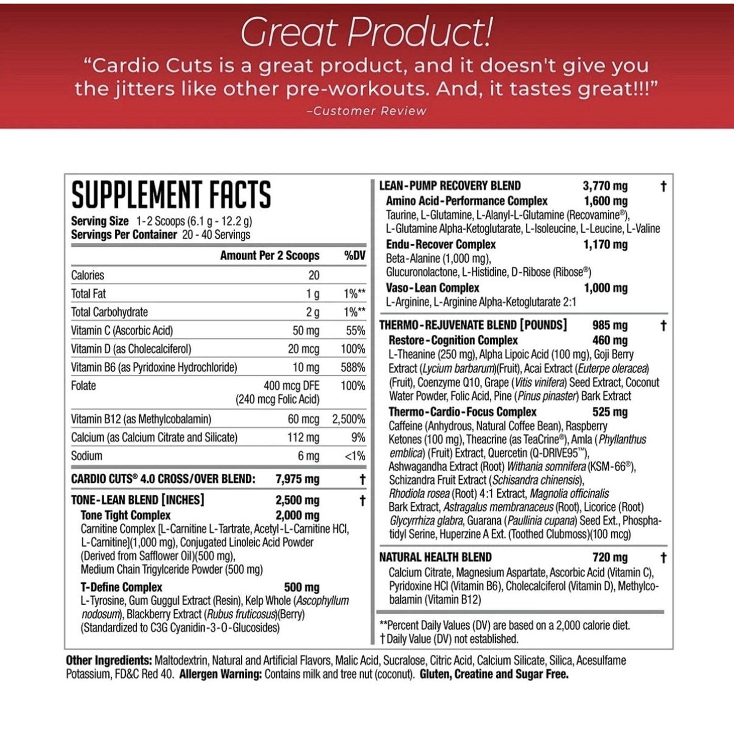 Nutrition facts label for a dietary supplement featuring a two-scoop serving size, detailing calorie count, vitamins, minerals, and proprietary blends for cardio, lean muscle, recovery, thermogenic, and health benefits with ingredient and allergen information.