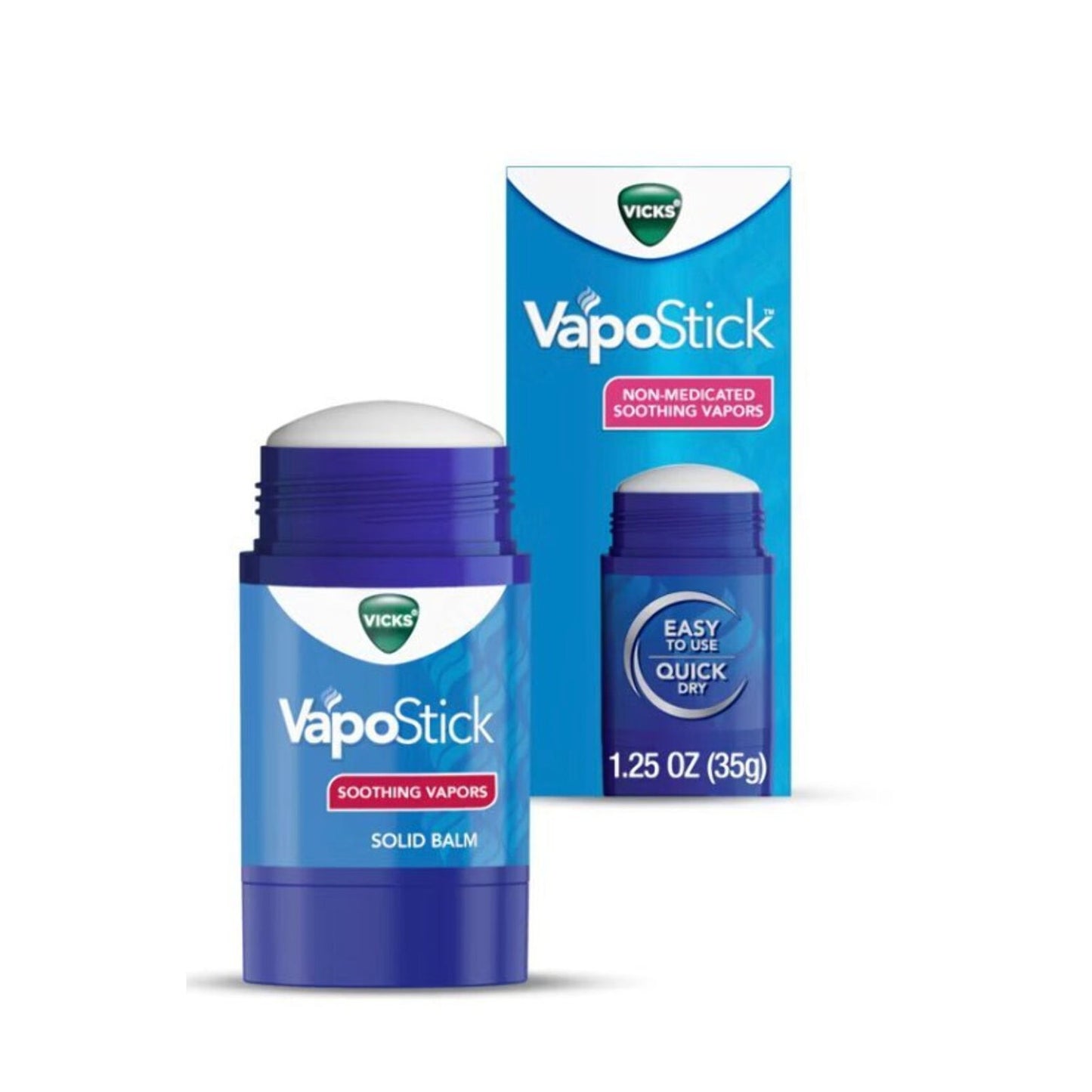 Blue solid balm stick with a rounded white top labeled "Vicks VapoStick" and its matching blue box featuring product claims of non-medicated soothing vapors and quick dry formula.