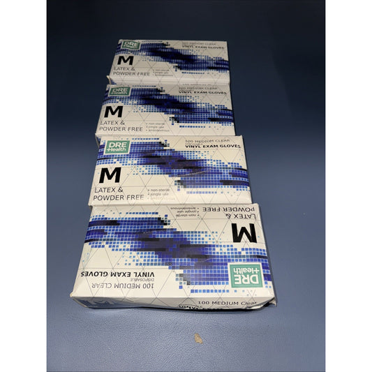 Lot of 4 boxes DRE Health 100 medium clear disposable vinyl exam gloves latex and powder free