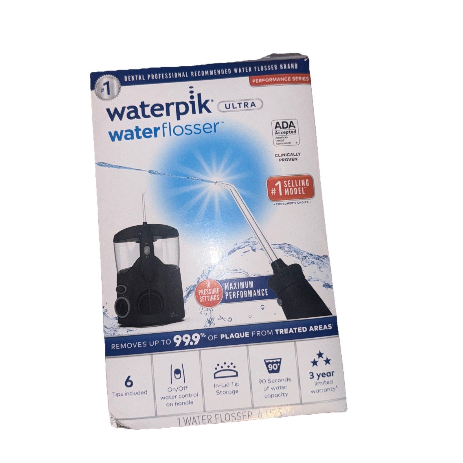 Waterpik Ultra water flosser box in black with 10 pressure settings and 6 included tips on front panel
