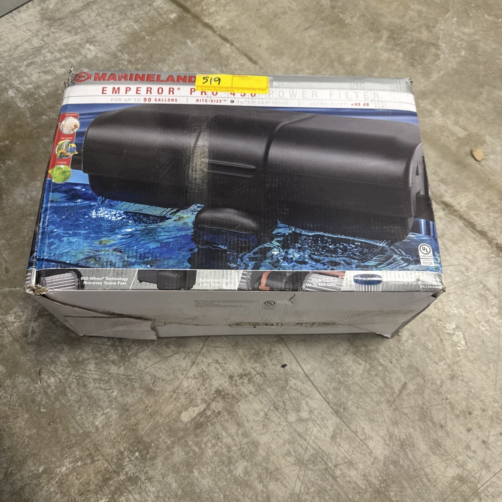 Marineland Emperor Pro 450 Power Filter box showing aquarium filter for up to 90 gallons with 450 GPH flow rate