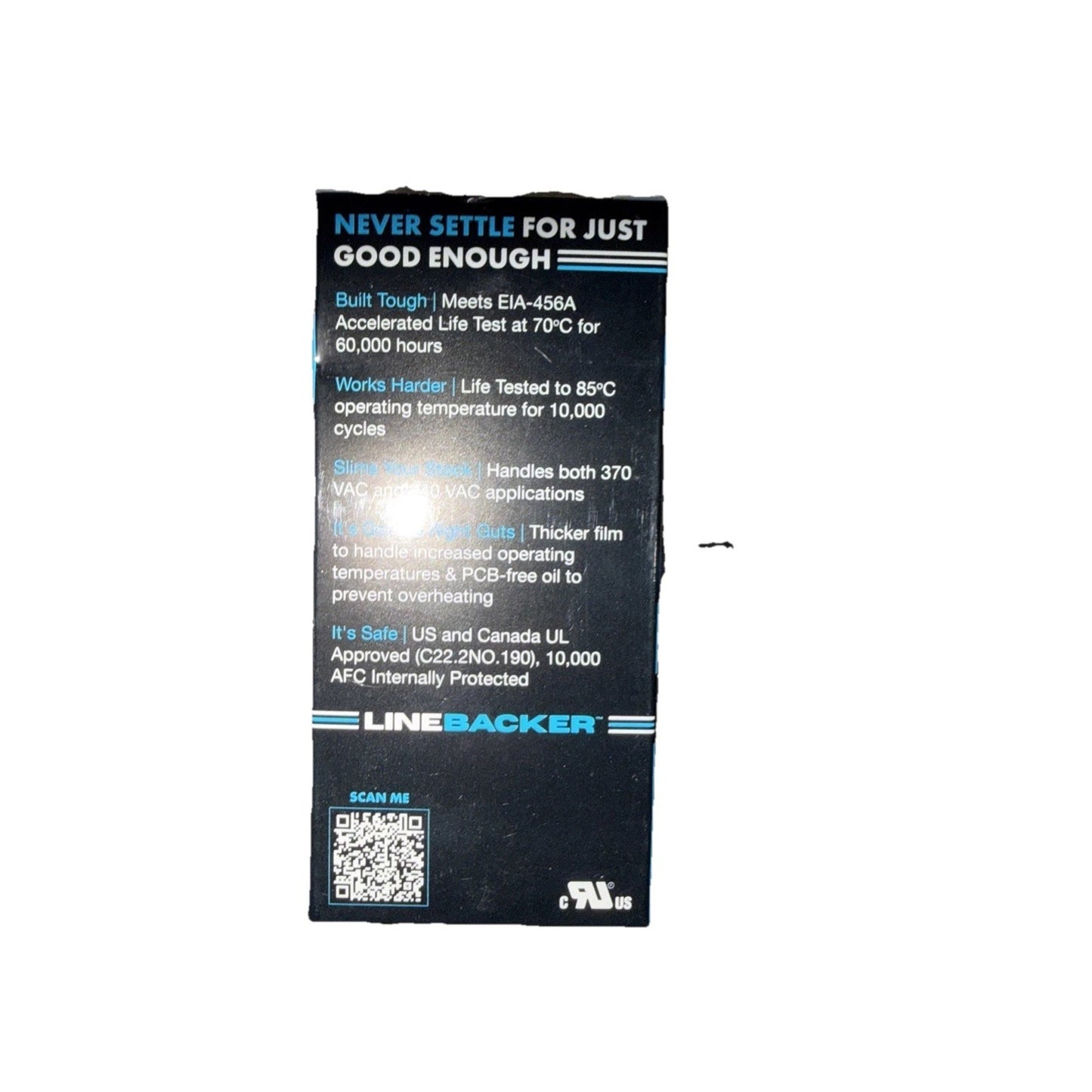 Close-up of a black product label with white and blue text detailing technical specifications, safety certifications, and a QR code for Linebacker brand equipment.