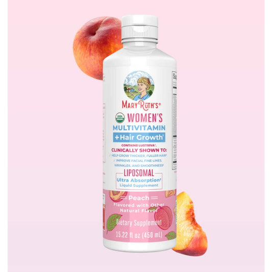 MaryRuth’s Women’s Multivitamin with Lustriva Hair Growth Peach flavored liquid supplement bottle with peach fruit background