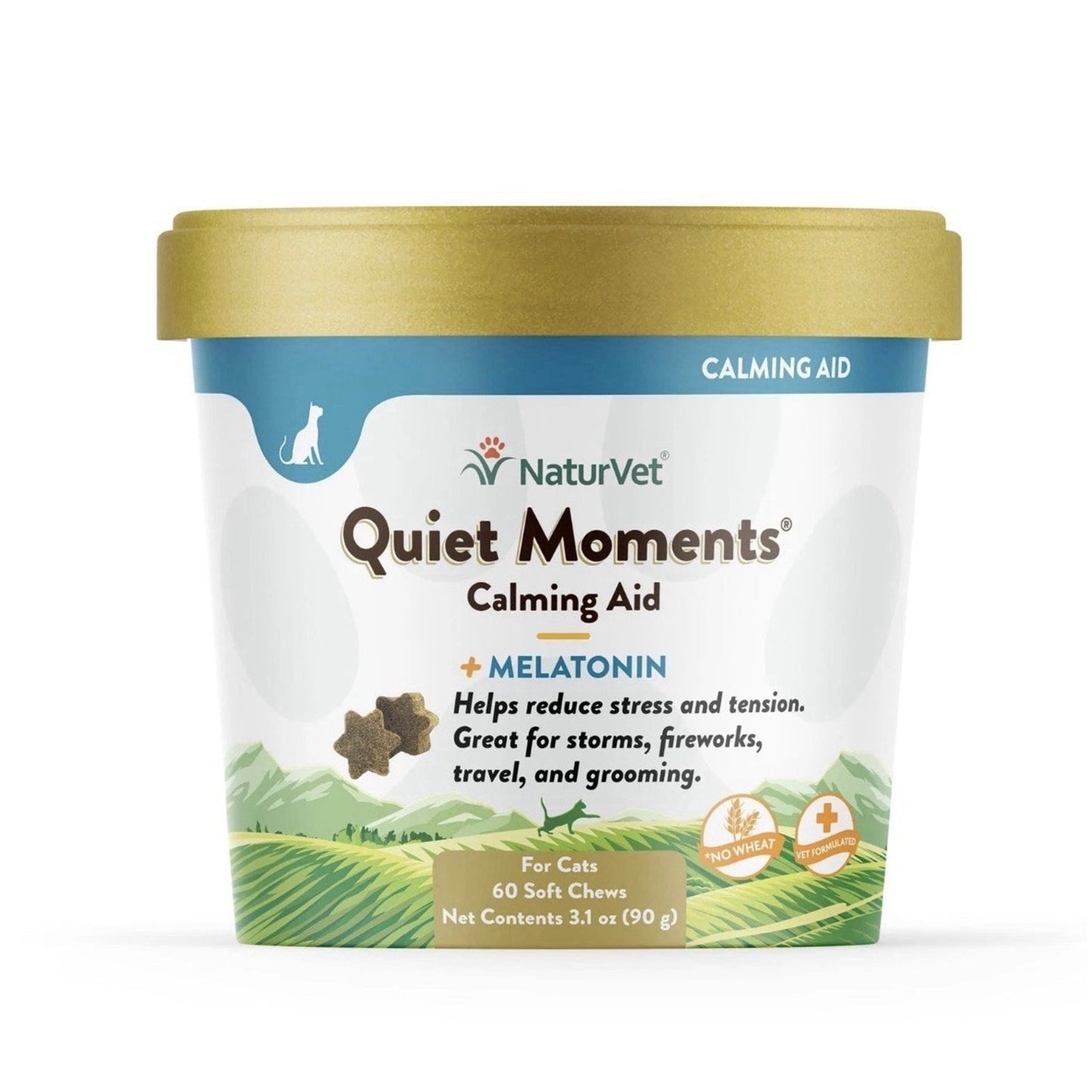 White and gold container of NaturVet Quiet Moments Calming Aid for cats with melatonin, featuring green landscape graphics and text highlighting stress relief benefits and 60 soft chews inside.