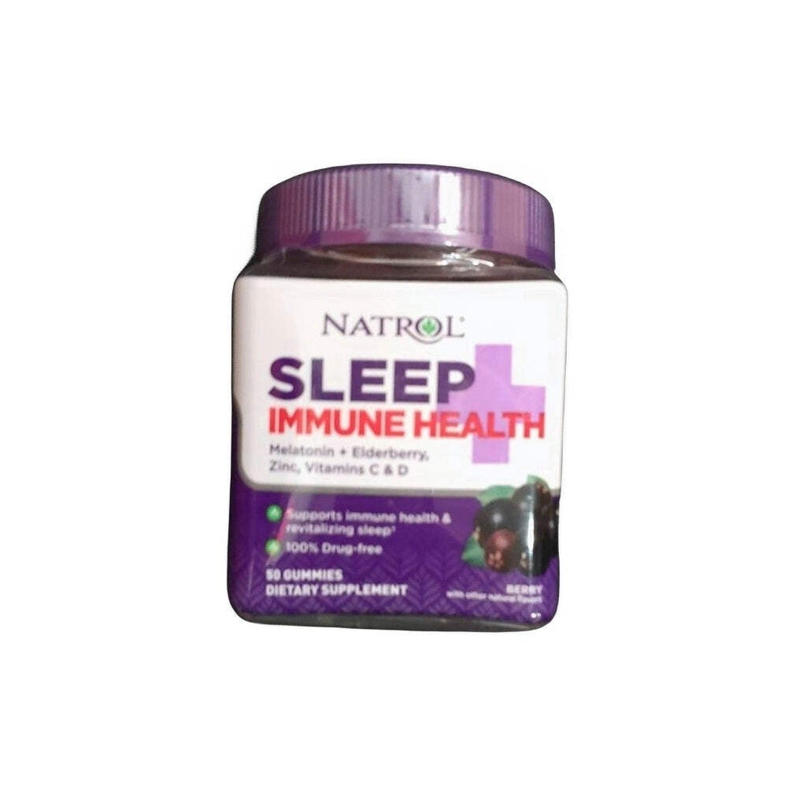 Square white container with a purple cap featuring Natrol Sleep + Immune Health dietary supplement label, highlighting melatonin, elderberry, zinc, vitamins C and D, and berry flavor gummies.