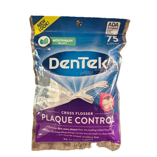 Dentek Plaque Control Cross Flosser Dental Picks 75 count package with mouthwash blast and fluoride scrubbing floss