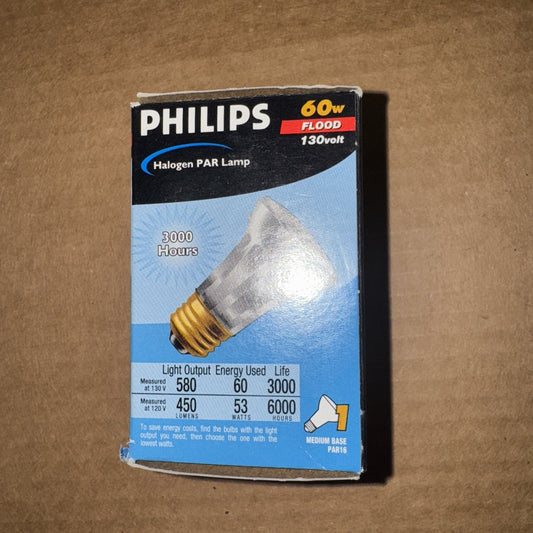 PHILIPS 60W 130 Volt halogen flood light PAR38 bulb with 3000 hours life and medium base PAR16 label on box