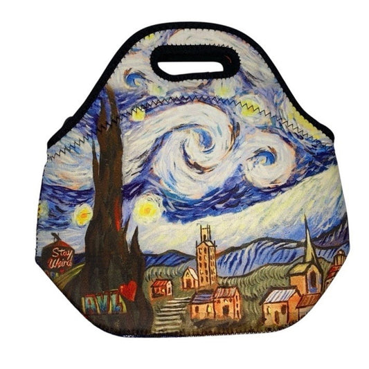 ARTOVIDA Neoprene Starry Night Asheville Classic Tote Lunch Bag featuring colorful cityscape and swirling starry sky design