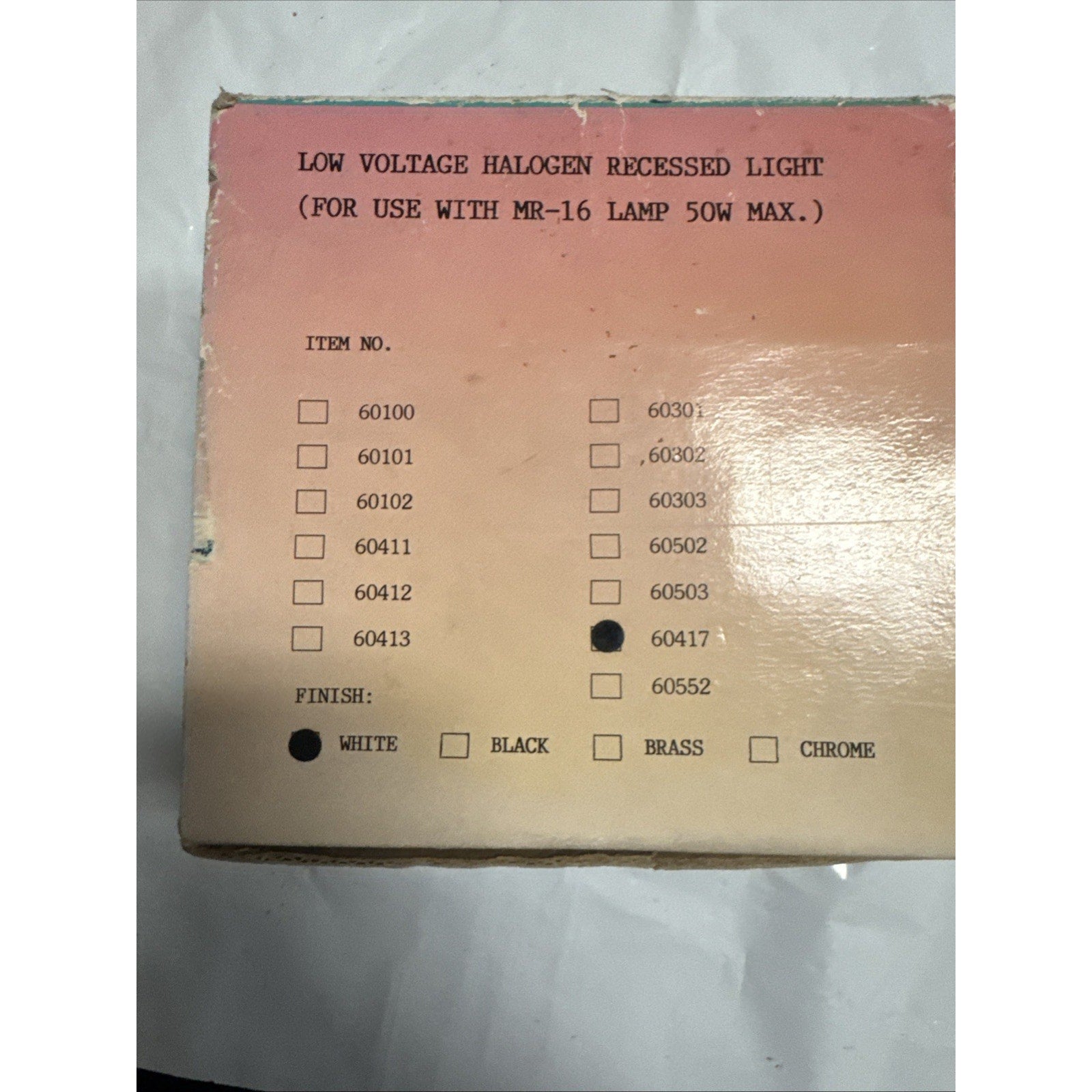 Packaging label for low voltage halogen recessed light fixture MR16 50W max item 60417 in white finish