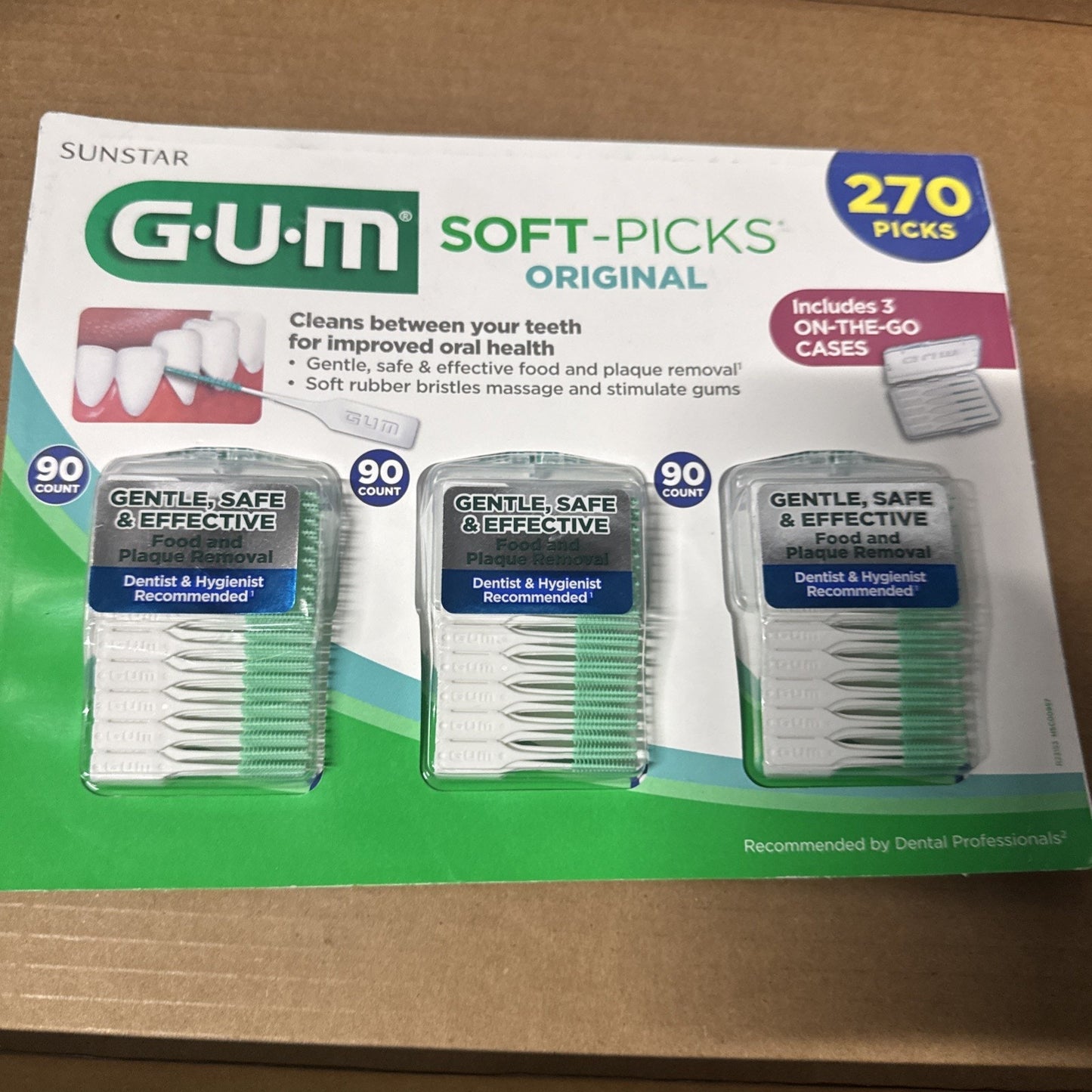 Sunstar GUM Soft-Picks Original dental picks 270 count with gentle bristles and on-the-go cases for teeth cleaning