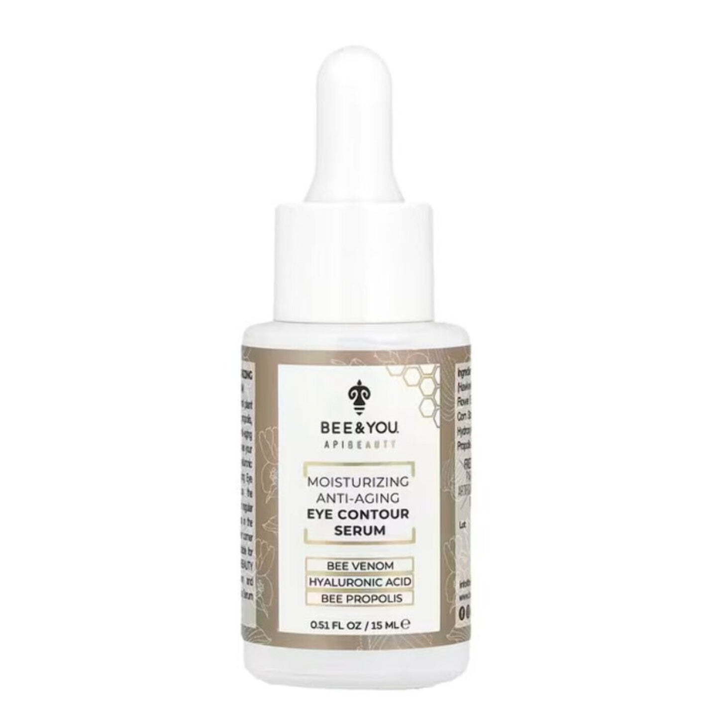 Small white dropper bottle of Bee & You moisturizing anti-aging eye contour serum with beige label featuring honeycomb design and text highlighting bee venom, hyaluronic acid, and bee propolis ingredients.