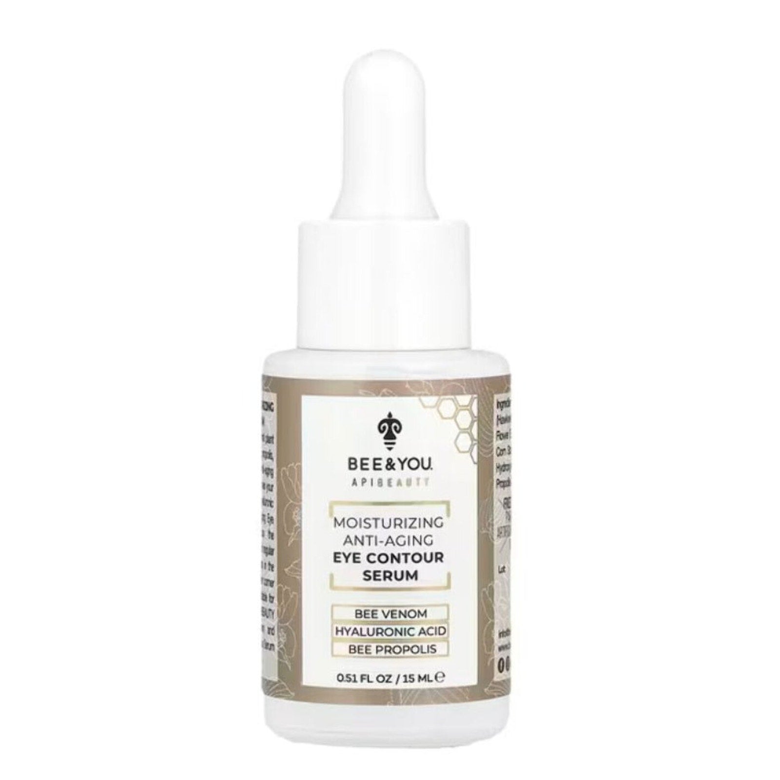Small white dropper bottle of Bee & You moisturizing anti-aging eye contour serum with beige label featuring honeycomb design and text highlighting bee venom, hyaluronic acid, and bee propolis ingredients.