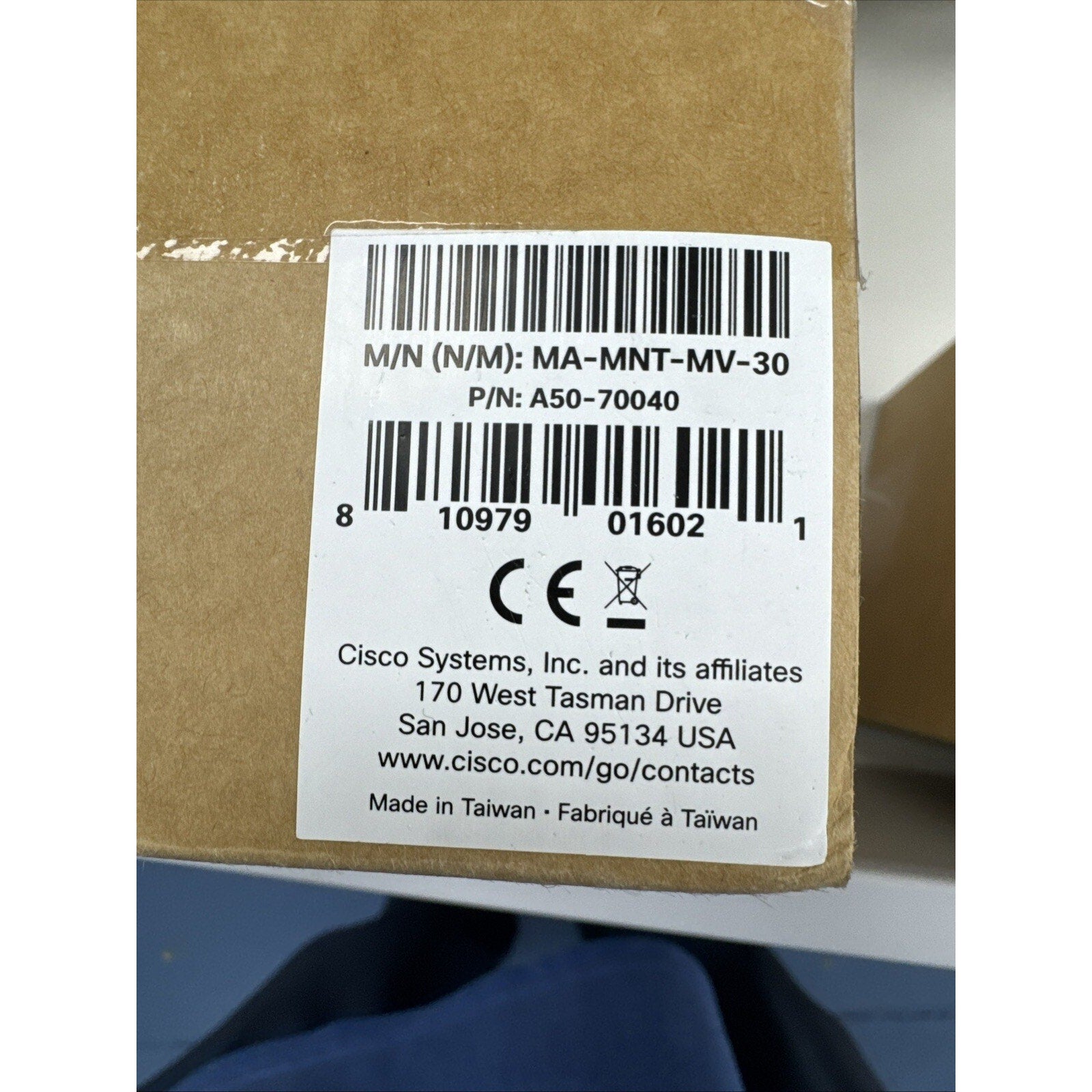 Packaging label for Cisco Meraki MA-MNT-MV-30 security camera mount showing model and part number details