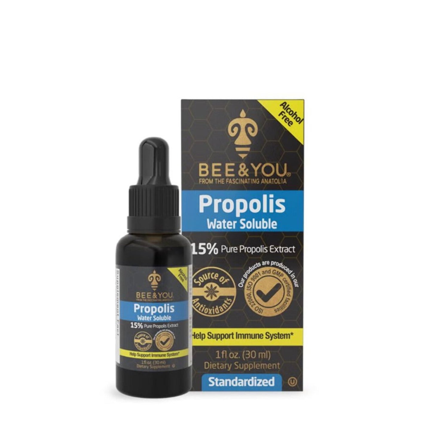 Dark amber dropper bottle and matching box of Bee & You water-soluble propolis supplement, featuring 15% pure propolis extract, antioxidant source, alcohol-free, and immune system support claims.