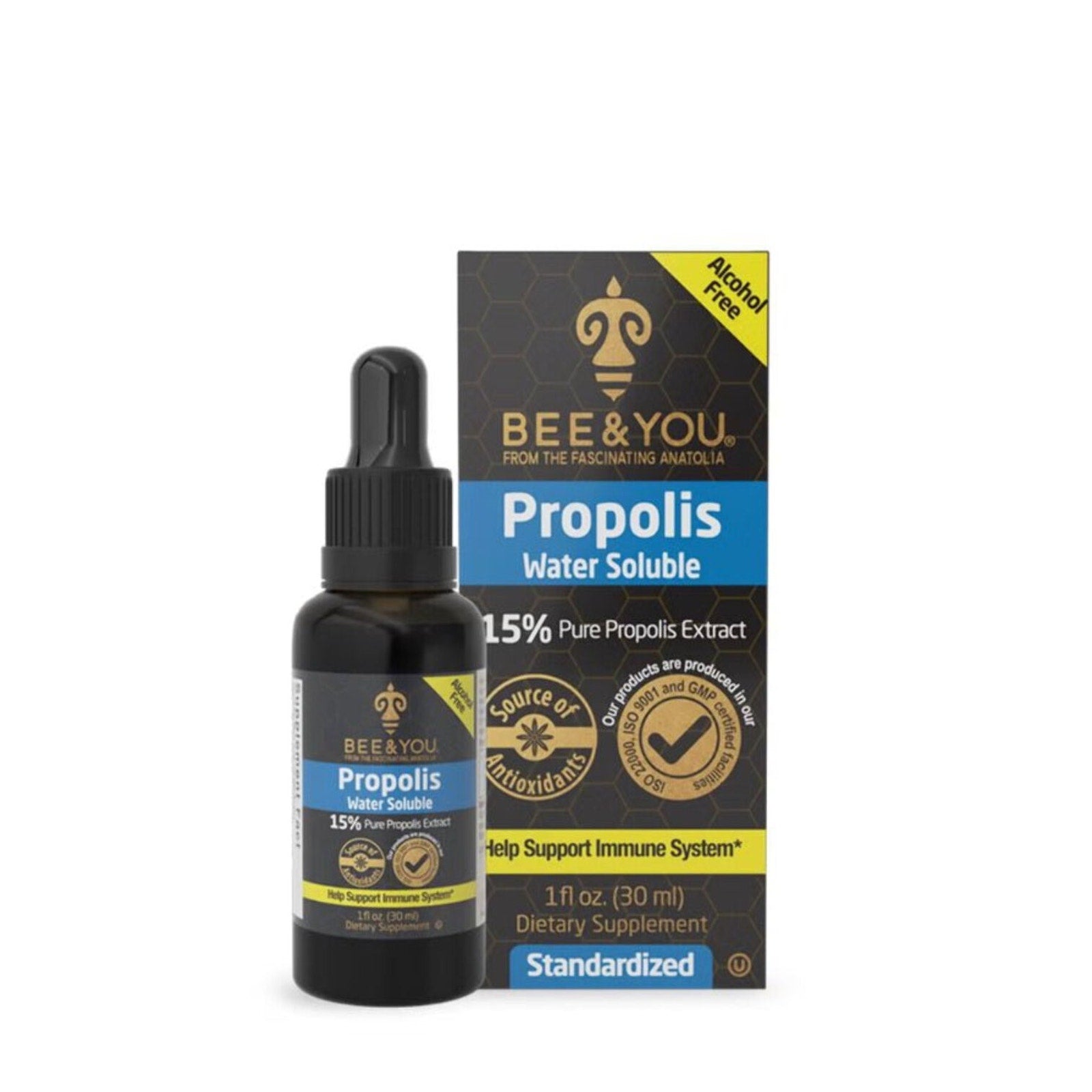 Dark amber dropper bottle and matching box of Bee & You water-soluble propolis supplement, featuring 15% pure propolis extract, antioxidant source, alcohol-free, and immune system support claims.