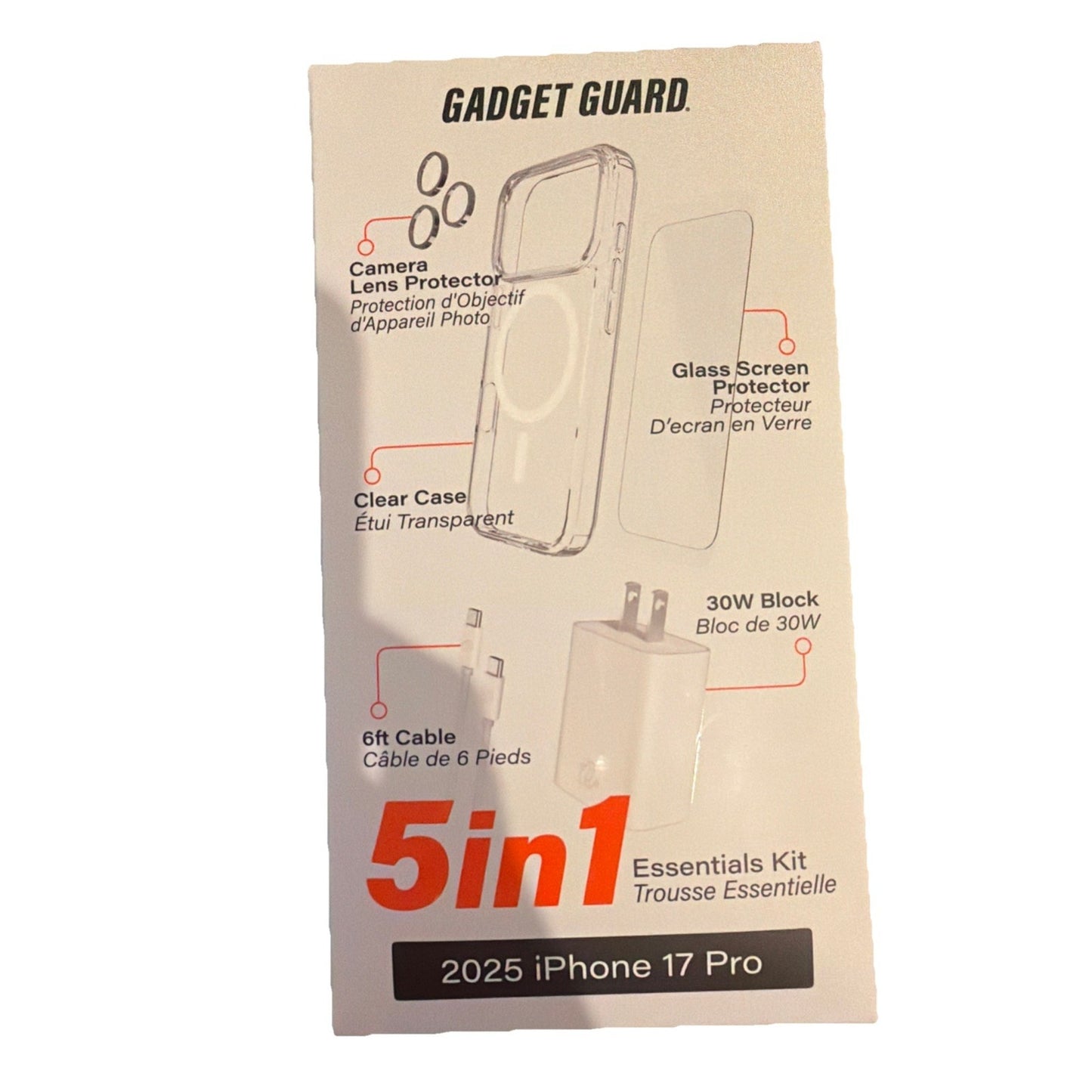 Gadget Guard 5-in-1 Essentials Kit for 2025 iPhone 17 Pro with clear case, screen protector, charger, cable, and lens protector