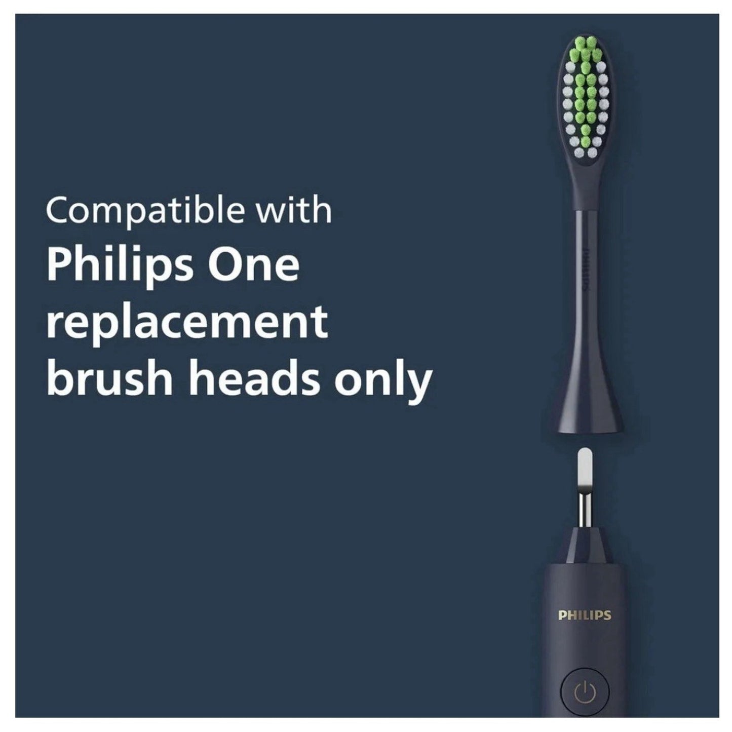 Philips One Sonicare electric toothbrush with replacement brush head on dark blue background and compatibility text